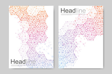 Fototapeta premium Vector templates for brochure magazine leaflet flyer cover booklet annual report. Modern futuristic hexagonal pattern with particle, molecule structure for medical, technology, chemistry, science