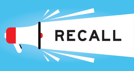 Color megaphone icon with word recall in white banner on blue background