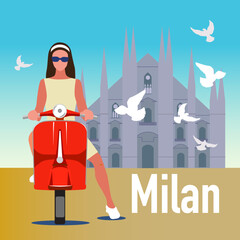 Milan square vector illustration with a woman on a scooter and the Cathedral