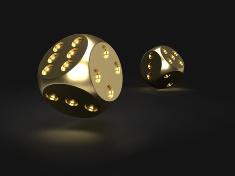 Two Gold Casino Dics On Black Background. 3D Illustration.