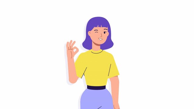 Young cheerful girl showing OK sign animation. Happy satisfied woman gesturing all right, smiling and winking. gesture language, positive emotions, approval. 2d flat cartoon style stock footage