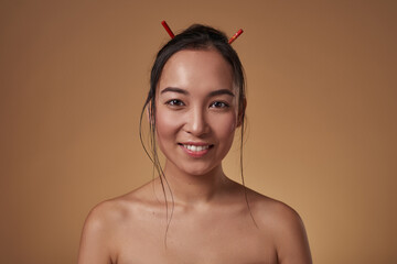 Portrait of smiling japanese girl look at camera