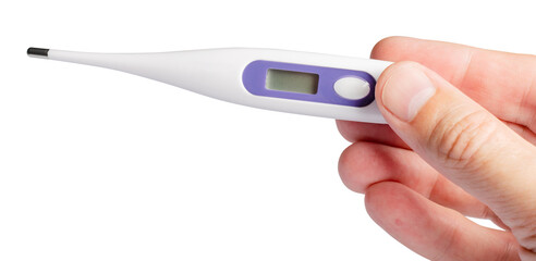 Medical electronic thermometer in hand. The concept of diagnosis of diseases. Isolated on a white background