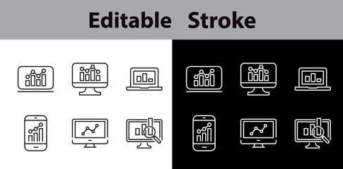 Set of vector linear icons, DATA ANALYSIS, contain Traffic Analysis, Charts, Graphs, web analytics, Online Statistics, Editable Strokes, Pixel Perfect