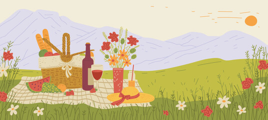 Obraz na płótnie Canvas Summer picnic basket and view on mountains, flat vector illustration.