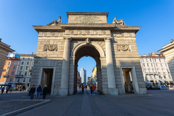 Fototapeta na wymiar MILAN, ITALY, MARCH 5, 2022 - View of Garibaldi Gate (Porta Garibaldi) in the center of Milan, Italy.