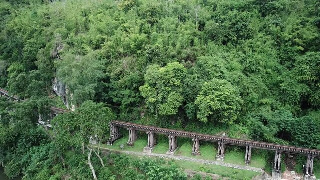 Aerial footage of the Burma Railway in Kanchanaburi, Thailand