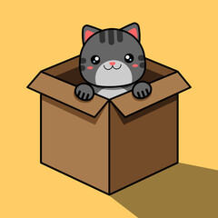 The gray cat looks out of the box. Cartoon cute cat sits in a box. Vector illustration.