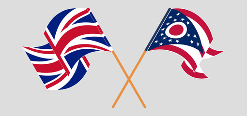 Crossed and waving flags of United Kingdom and the State of Ohio