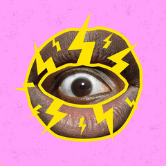 Contemporary art collage. Surreal composition with eye inside human open mouth. Control of speech, influence, fakes, breaking news concept