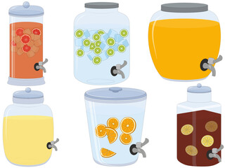 Glass drink beverage dispenser collection with cold drinks vector illustration