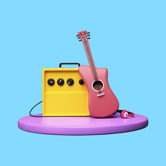 3D Rendering of Guitar, Amplifire, and Headphone on Stage, Music Concept.