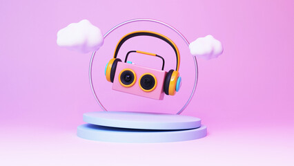 3D Render of Radio and Headphone and Podium, Music Concept.