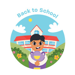 Obraz na płótnie Canvas Back to school banner, happy school boy with bag and school on background for invitation, poster, banner, promotion,sale etc. School supplies cartoon illustration.