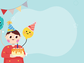 Obraz na płótnie Canvas Birthday Concept with Cute Boy Character, Cake, Stars and Smiley Balloons.