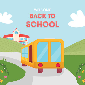 Back to school banner with school and school bus for invitation, poster, banner, promotion sale etc. School supplies cartoon illustration.