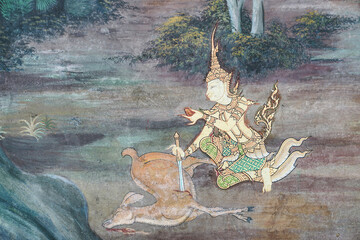   Wall paintings around the temple from Thai literature in Wat Phra Kaew, Bangkok, Thailand, opened...