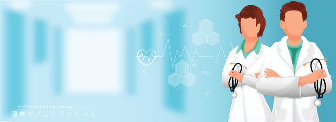 Medical Concept with Character Illustration of Doctors with Stethoscope, Header, Banner or Hero Image Concept.