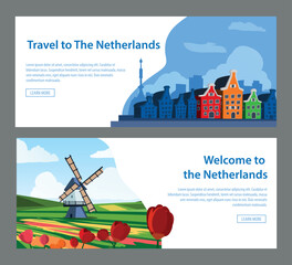 Travel to the Netherlands banners or flyers set flat vector illustration.