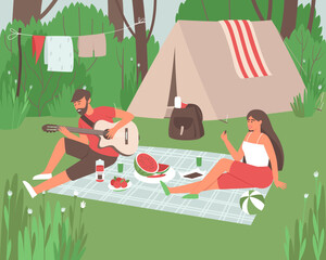 The couple is resting in the forest in nature near their tent and eating fruit. Happy man and woman are relaxing together in privacy. A man plays the guitar for his lover. Flat vector illustration.