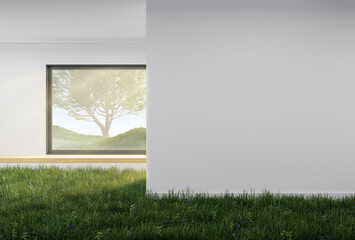 Grass overgrown on the floor with blank wall. Home interior 3d rendering with landscape background.