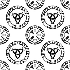 seamless repeating pattern of black round scandinavian symbols on white background, texture, design