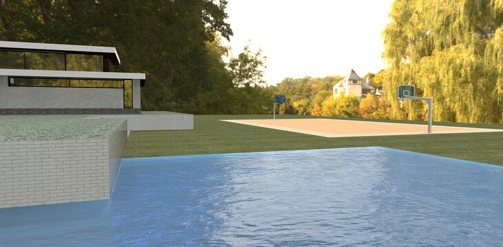 View from the pool of blue water at the house and the basketball court. 3d render.