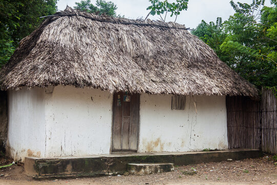 Old rustic house with bahareque walls and thatched roof