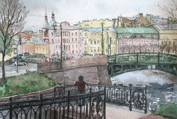 Saint Petersburg bridges in spring, watercolor illustration