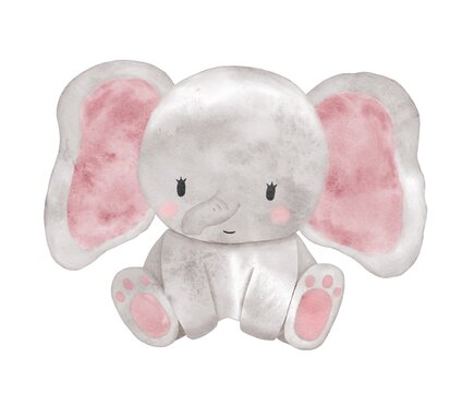 Cute baby elephant watercolor illustration. Isolated on white background. African baby animal for baby shower, nursery decorations, birthday invitations, postera, greeting card, fabric. Baby girl.