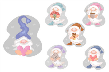 Vector set of cute gnomes. Dwarf characters with gifts and surprises. Cute funny gnomes with a beard, with flowers, hearts, cups. Adorable cartoon coffee gnomes. For holiday designs.