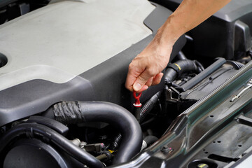 Auto mechanic checking the oil level in car engine,inspects engine water level dipstick,concept of checking the engine oil level every time before leaving.