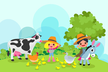 Cute animals in ranch, Farm and agriculture. illustrations of village life and objects Design for banner, layout, annual report, web, flyer, brochure, ad.