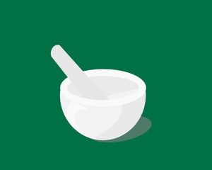 Vector design of white mortar and pestle pharmacy on olive leaf green color background.