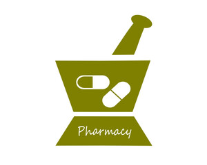 Vector design of mortar and pestle pharmacy olive green color against a white background. With capsule, pharmacy word sign.