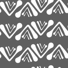 Vector.  Abstract monochrome ethnic seamless pattern. Artistic background hand drawn simple shapes of angle brackets, checkmarks. Mosaic abstract background. Repeating geometric texture. Dividers.