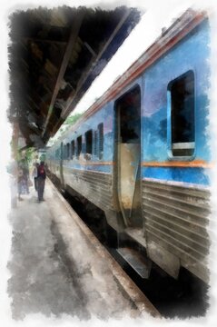 Thai train watercolor style illustration impressionist painting.