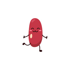 Kidney bean cartoon character jumping with cute smile, flat vector illustration isolated on white background.
