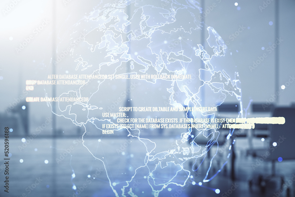 Poster multi exposure of abstract graphic coding sketch and world map on a modern furnished classroom backg