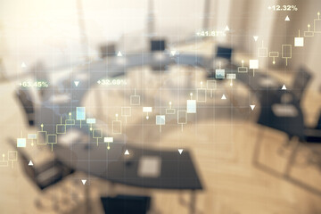 Abstract creative financial graph and world map on a modern coworking room background, financial and trading concept. Multiexposure