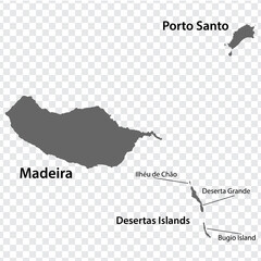 Blank map Madeira in gray. Every Island map is with titles. High quality map of  Madeira on transparent background for your  design.  North Atlantic Ocean. EPS10.