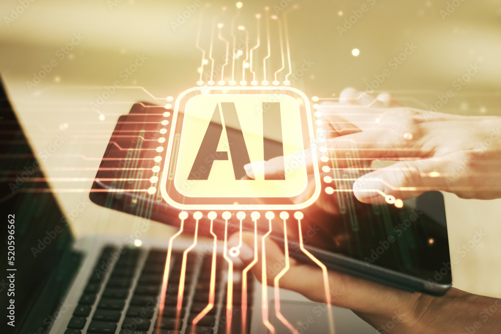 Aufkleber creative artificial intelligence symbol concept with finger clicks on a digital tablet on background