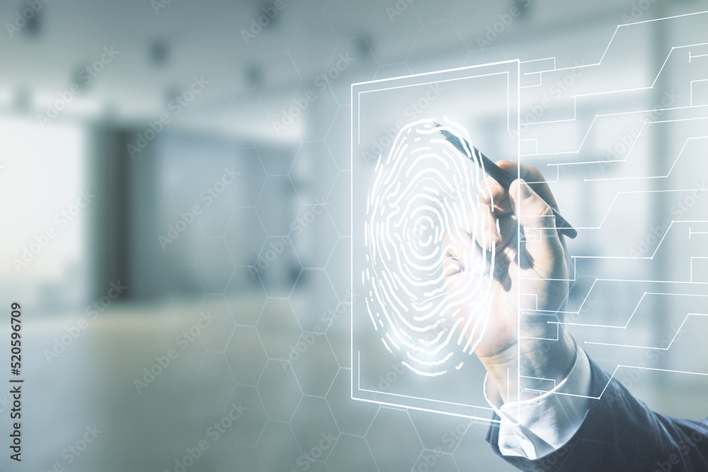 Poster multi exposure of male hand with pen working with virtual creative fingerprint hologram on blurred o