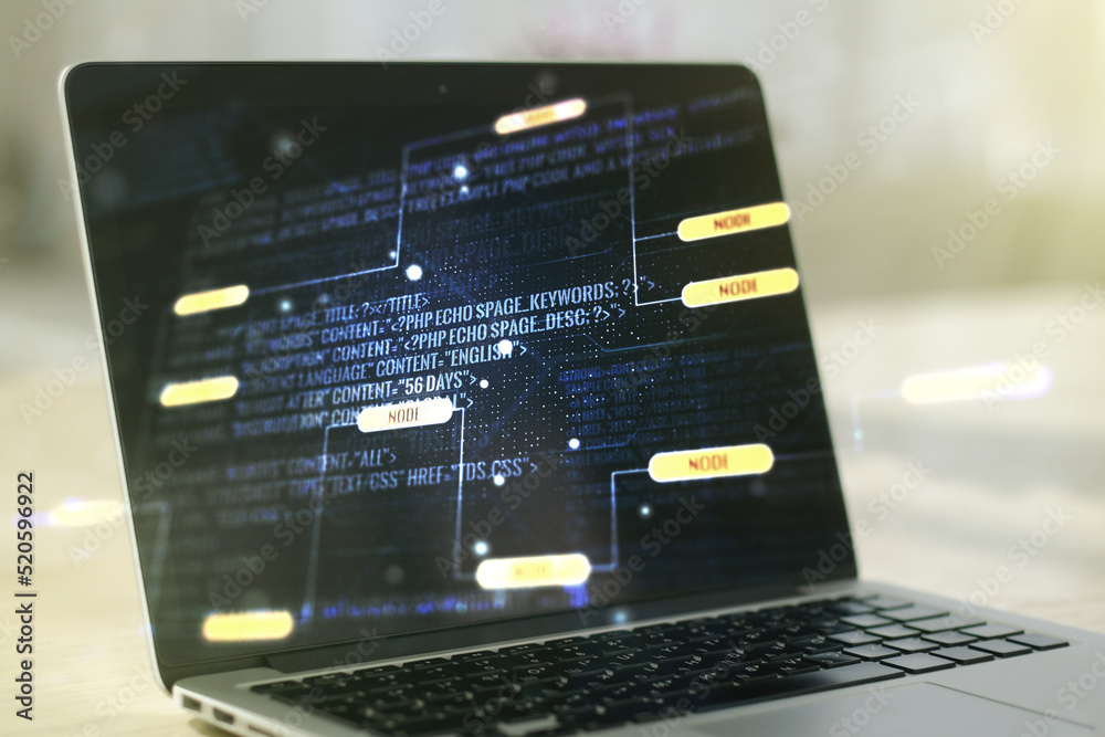 Poster multi exposure of abstract creative coding sketch on modern laptop background, artificial intelligen