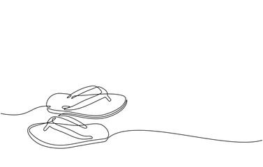Continuous line drawing of summer concept, sandy beach, straw hat, starfish, bag, sunglasses and flip flops on tropical beach in one line doodle style. Editable strokes.