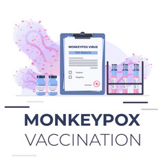 Monkeypox virus vaccination concept. Clipboard with documents, blood sample tube for Monkeypox virus test and vaccine in the laboratory. Monkey pox virus cells outbreak medical vector illustration