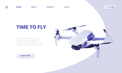 Landing page template of drone or copter. Modern fly design concept of web page design for website and mobile app. Vector illustration quadcopter. Screen template for smartphone, banner, flyer