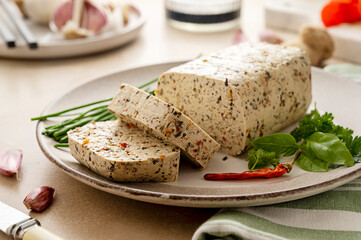 Soy cheese tofu, vegetarian protein healthy food, cooking vegan meal, healthy lifestyle