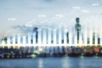 Multi exposure of abstract virtual financial graph hologram on blurry skyline background, forex and...
