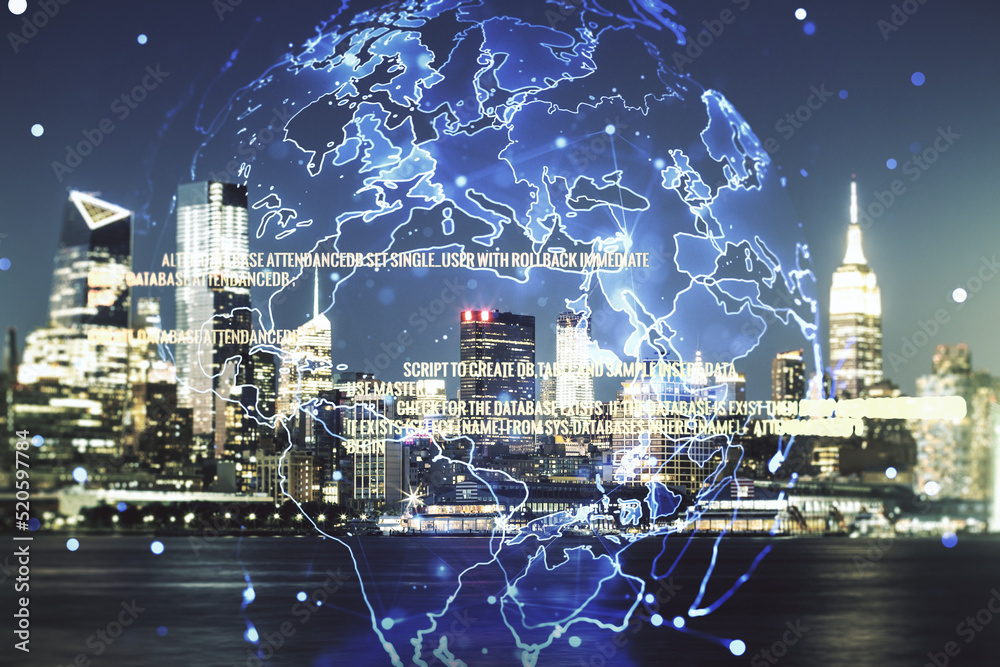 Aufkleber multi exposure of abstract creative coding sketch and world map on new york city skyline background,